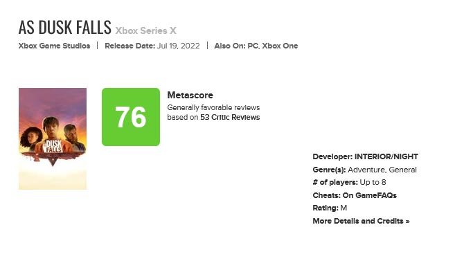 As Dusk Fall Metacritic