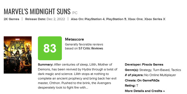 نمرات Marvel's Midnight Suns