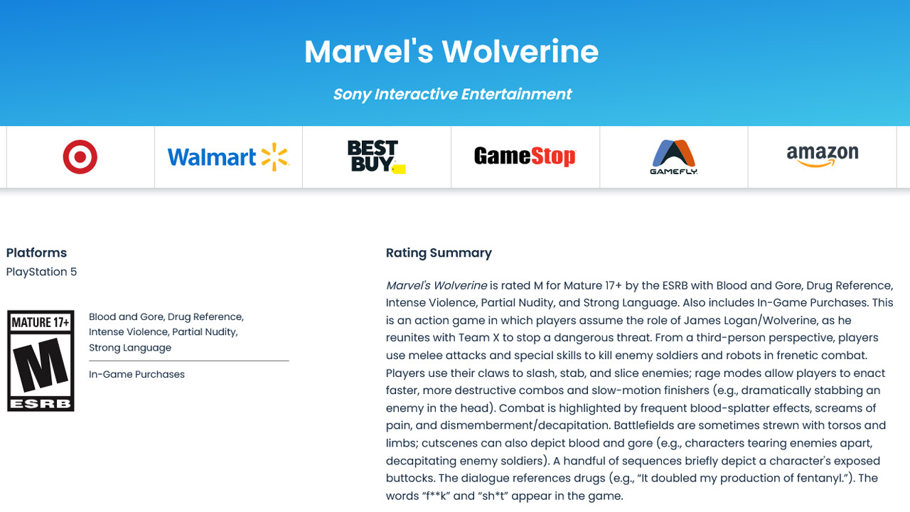 رده بندی سنی بازی Marvel’s Wolverine