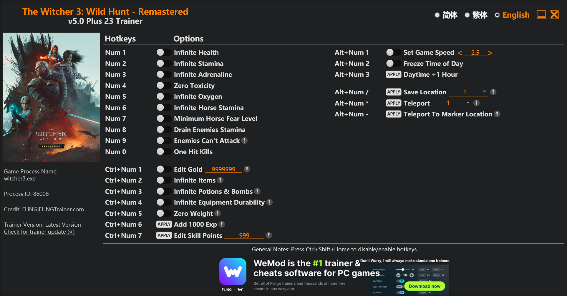 دانلود ترینر بازی The Witcher 3 Wild Hunt Remastered